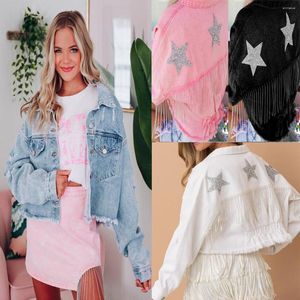 Jaquetas Femininas Moda Jaqueta Jeans Feminina Borlas Diamante Estrela de Cinco Pontas Casual Jeans com Franjas Estilo Streetwear