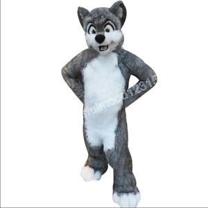 Vit och grå husky hund räv som går lång päls maskot kostym päl läder jacka halloween kostym roll lek xmas påskfestival vuxen