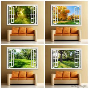 Andra heminredning Forest Window Landscape Sticker Vinylkonst Borttagbar Green Golden Leaves Forest Kitchen Bedroom Decor Wallpaper Sticker R230630