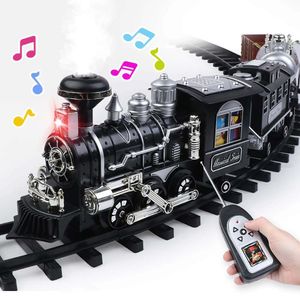 Electric/RC Track Classic RC Train Railway Set Electric Track Remote Control Train Lägg till vattenrök LED -lampor Musik Sound Model Toys for Kids 230629