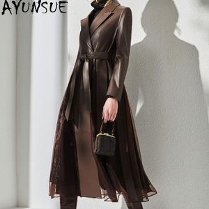 Women's Leather AYUNSUE High Quality Sheepskin Jacket Women Eleagnt Fashion Jackets Real Coat Splicing Organza Skirt Hem