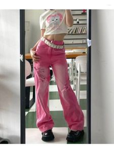 Women's Jeans HOUZHOU Y2K Grunge Pink Baggy Women Vintage Streetwear Distressed Hollow Out Denim Pants Kpop Oversize Loose Trousers