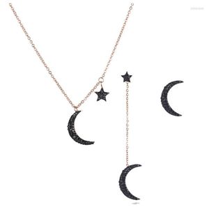 Halsband örhängen set mode smycken stjärna månen hänge svarta strängar ros guld färg örhänge chirstmas gåva