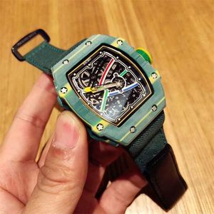Mekaniska klockor Luxury Richar Milles High-End Men's Watch kolfibermaterial 48 centimeter i storlek med karakteristiska nylon elastiska strapmens mekaniker HB/QR