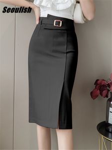 Röcke Seoulish Frühlings Sommerknöpfe Frauenpapier Midi Röcke hohe Taille Arbeitskleidung vordere Splitterstifte Röcke weiblich 230630