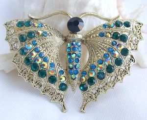 Brooches 2.95" Blue Green Rhinestone Crystal Butterfly Brooch Pin SMT06621C4