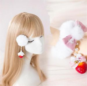 Artigos para festas Pom Ball Laço de morango Acessórios para a cabeça Lolita Cosplay Borlas Laço Laço Clipe lateral B1120