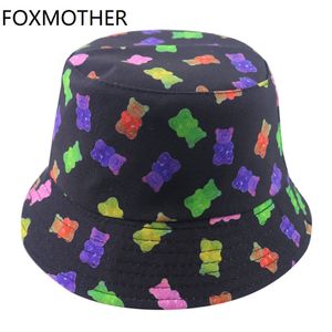 FOXMOTHER New Men Reversible Cartoon Bear Print Bucket Hats Women Fisherman Hat Cap Summer