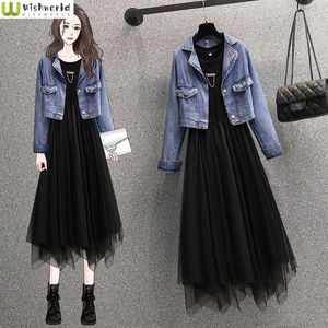 Vestidos de Trabalho Tamanho Grande Primavera e Outono Terno Feminino Estilo 2023 Cintura Justa Magro Envelhecimento Casaco Denim Ocidental Vestido Conjunto de Duas Peças