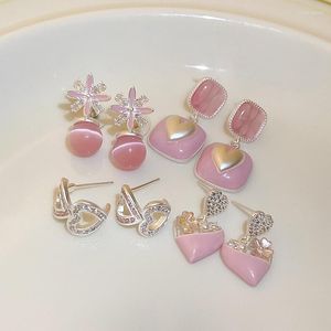 Dangle Earrings Pink Color Metal CZ Zircon Opal Enamel Flower Heart Drop For Women Lava Geometric Earring