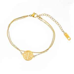 Pulseiras Link Elegante Sorte Dupla Camada Cartão Bênção Exame Golden Fu Personagem Vintage Pulseira Feminina Ins Minoria Simples Dia dos Namorados