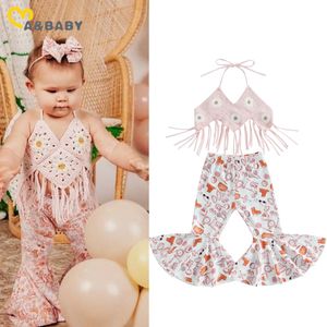 Conjuntos de roupas ma baby 0 3 anos Criança nascida Roupas de bebê menina Malha Tops florais com borlas Calças flare Verão Meninas Roupas de aniversário D06 230630