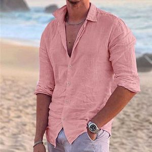 Męska lniana koszula letnia koszula plażowa koszula czarna biała różowa długi rękaw stały kolor ściąga