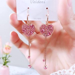 Brincos Pendurados Estilo Moda Coração CZ Cristal Borlas Brinco Gota Feminino Banhado a Ouro Rosa Strass Coreano Coquetel Jóias