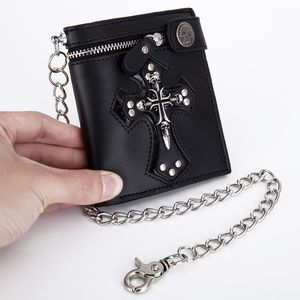 Modische coole PU-Leder-Punk-Gothic-Schädel-Kreuz-Kupplungs-Geldbörse mit Kette für Damen und Herren