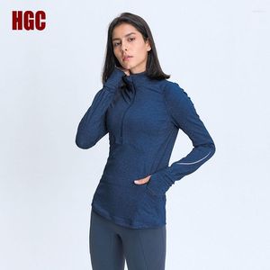 Aktif Gömlek HGC Spor Üst Spor Kadın Uzun Kollu Fermuar Yoga Elastik Yansıtıcı Şerit egzersiz kıyafetleri Koşu Rahat Spor Kazak
