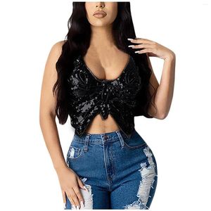 Women's Tanks Butterfly Sequin Crop Top Women Summer Backless V Neck Sexy Club Costume Outfits Clothes Fashion Trendy Bra Tops