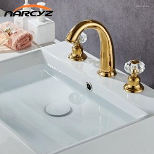 Torneiras de pia de banheiro torneira de lavatório e alça dupla de ouro frio com conjunto de 3 peças de cristal cascata separada LH-8036