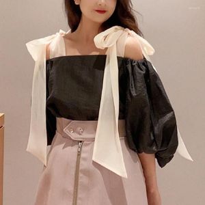 Women's Blouses Lace Up Chemise Femme 2023 Chiffon Solid Color Sweet Japan Bow Tie Loose Off Shoulder Tops Short Lantern Sleeve