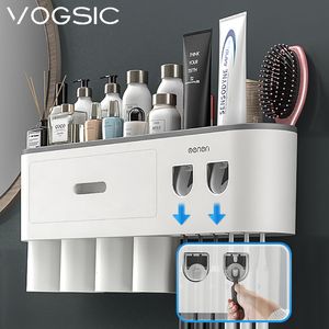 Toothbrush Holders VOGSIC Magnetic Toothbrush Holder Wall Storage Rack Cups With 2 Toothpaste Dispenser For Home Organizer Bathroom Accessories Set 230629