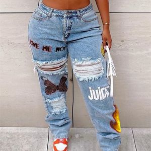 Calça feminina plus size LW cintura alta estampada jeans elástico reto zíper mosca bainha diária Calças femininas da moda Streetwears 230629