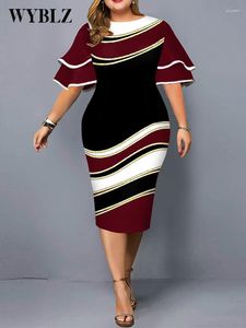 Plus Size Dresses Wyblz för kvinnor 4xl 5xl Autumn Elegant Layed Sleeve Evening Party Dress Chic Geometric Print Club