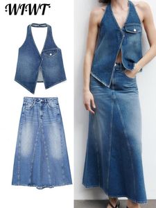 Two Piece Dress Women Y2K Jeans Vest Skirts Sets Casual Halter Backless Buttons Pocket Tank Tops Female Elegant A-line Denim Skirt Suits 230629
