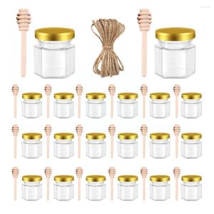 Storage Bottles 20 Pack Hexagon Mini Glass Honey Jars With Wooden Dipper Gold Lids Bee Pendants Jutes Pack- Perfect For Baby Shower N0T3