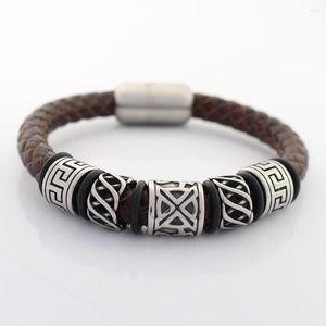 Charm Bracelets 8MM Genuine Braided Leather Bracelet For Men Titanium Stainless Steel Charms Big Hole Viking Bead With Magnet Clasp