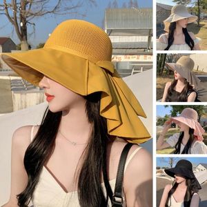 Wide Brim Hats Women Sun Hat Anti-UV Bow Decor Lady Summer Cap Elastic Hollow Out Ruffle Band Fisherman Neck Protection