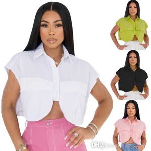 Women Polo Shirt 2023 Summer Fashion Shirts Single Breasted Pocket Front Irregular Short Sleeve Mini Blouse And Loose Crop Top