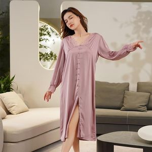 Kvinnors sömnkläder söta dam Butten Long Nightdress Pink Lace V Neck Nightgown Spring Summer Women Dreamy Home Dress Sexig Nightwear