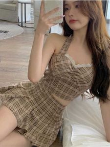 Two Piece Dress Plaid suit women camisole short skirt two-piece sets summer temperament vintage lace patchwork sleeveless suit trend 230629