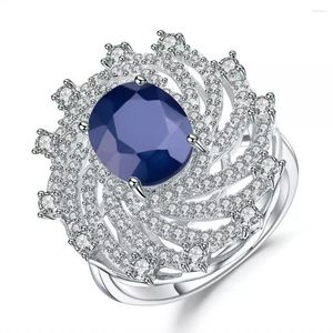 Cluster Rings Gem's Ballet 3.24CT Natural Blue Sapphire Cocktail Ring Äkta 925 Sterling Silver Classic Wedding for Women Fine SMEEXKE