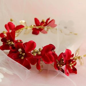 Hair Clips Red Flower Wedding Accessories Gold Hollow Leaf Heaband Bridal Jewelry Charm Bride Tiaras Headpiece Head Ornaments LB