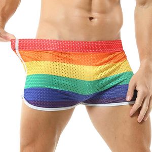 Underpants Mens Mesh Boxer Shorts Jockstrap Sexy U Convex Pouch Breathable Thin Boxershorts Rainbow Striped Underwear Slip