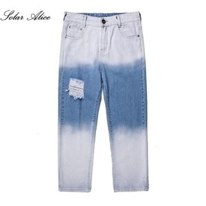 Мужские джинсы 2023 Spring Color Gradient Mid Waist Straight Leg Youth Ripped Casual Pants 230629