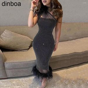 Günlük Elbiseler Dinboa 2023 Kadın Bandaj Elbise Seksi Tüyler Boncuk Kolsuz Bodycon Elbise Kulübü Parti Ünlü Zarif