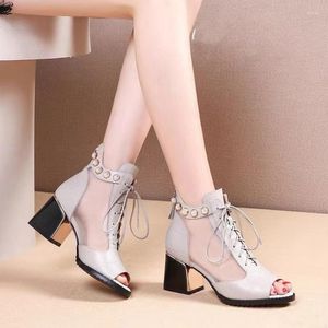 Sandalen Peep Toe High Heels Pumps Blockabsatz Stiefel Damen Plus Size Pearl Mom Atmungsaktiver Schuh Römische Schuhe