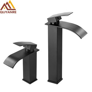 バスルームシンク蛇口Quyanre Matte Black Fourall Basin Faucet Single Handle Mixer Cold Water Basin Crane Crane Tap for Bathra Wash Basin Mixerタップ230629