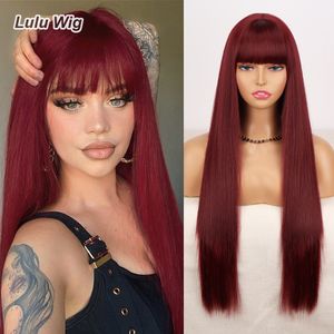 Parrucche sintetiche Parrucca lunga dritta rosso vino con frangia per donna Capelli naturali resistenti al calore Quotidiano Halloween Cosplay Party 230630