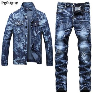 Casual solto masculino 2 pçs conjuntos de jeans irregular tie dye manga longa jaqueta jeans e buraco rasgado calças primavera outono tamanho M-5XL roupas masculinas