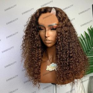Kinky Curly Human Hair1x4 Middle V Part Wig for黒人女性Glueless200デンシー調整可能uパートウィッグ