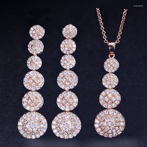 Necklace Earrings Set ThreeGraces Shiny Cubic Zirconia Rose Gold Color Long Dangle And Pendant Fashion Jewelry For Women JS586