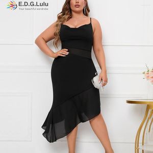 Lässige Kleider EDGLuLu Spaghettiträger Quadratischer Kragen Schwarz Plus Size Sexy Rückenfreies Partykleid Eleganter asymmetrischer Chiffon 0218