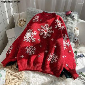 Women's Sweaters Red Sweater Women Christmas Loose Lazy Wind Outside Wear 2023 Year Winter Snowflake Round Neck Top Trend