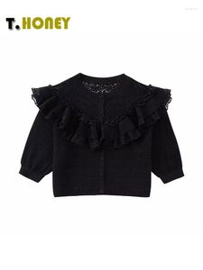 Maglioni da donna TELLHONEY Moda donna Nero O-Collo Ruffles Mezze maniche Pullover lavorato a maglia Donna Casual Decorazione in pizzo Chic Crop Top