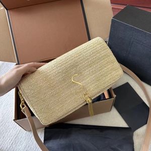 Luxurys Kate Tassel Designer Clutch Hobo Bolsa Maquiagem Bolsas Strap Mens Raffias Straw Weave Cross Body Envelope Totes Beach Bag Womens Travel Baguette Bolsas de Ombro