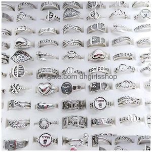 Band Rings 50Pcs/Lot Vintage Antique Sier Color Metal Open Adjustable Love For Women Mix Style Fashion Party Gifts Jewelry Wholesale Otjbu