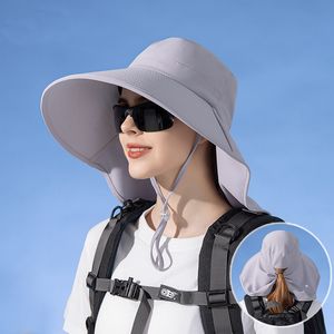 Cappello da sole estivo da pescatore da donna Panama con tesa larga, foro per coda di cavallo, scialle di protezione solare, berretto sportivo da esterno alla moda H50